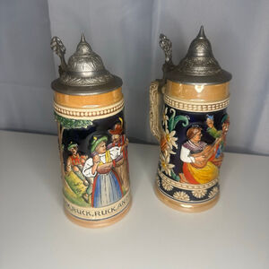 2 Vintage Antique Ceramic German Beer Steins w/ Pewter Lids Made in Germany